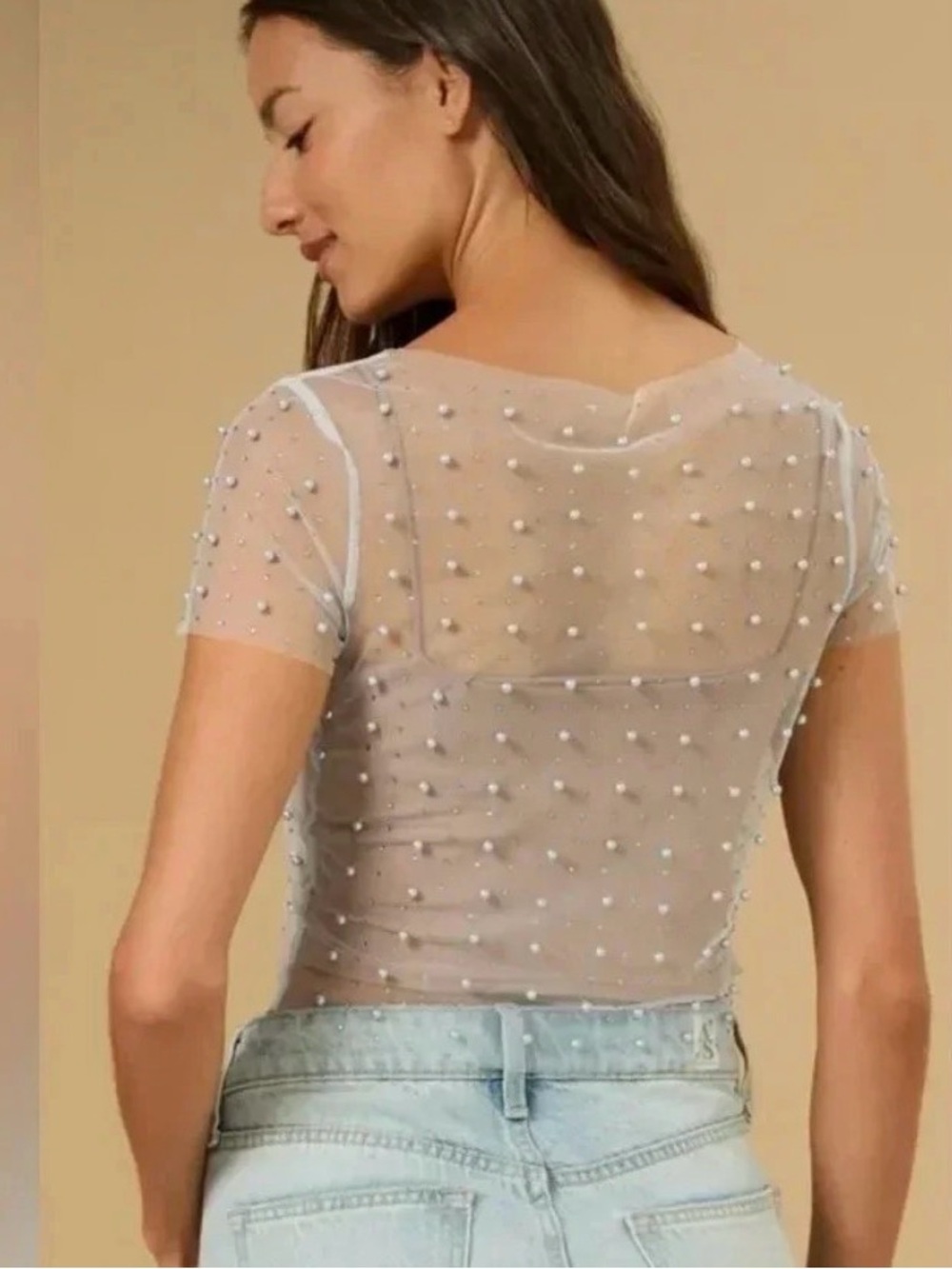 Altar'd State Light Blue Pearl-Embellished Sheer Crop Top - Picture 2 of 3